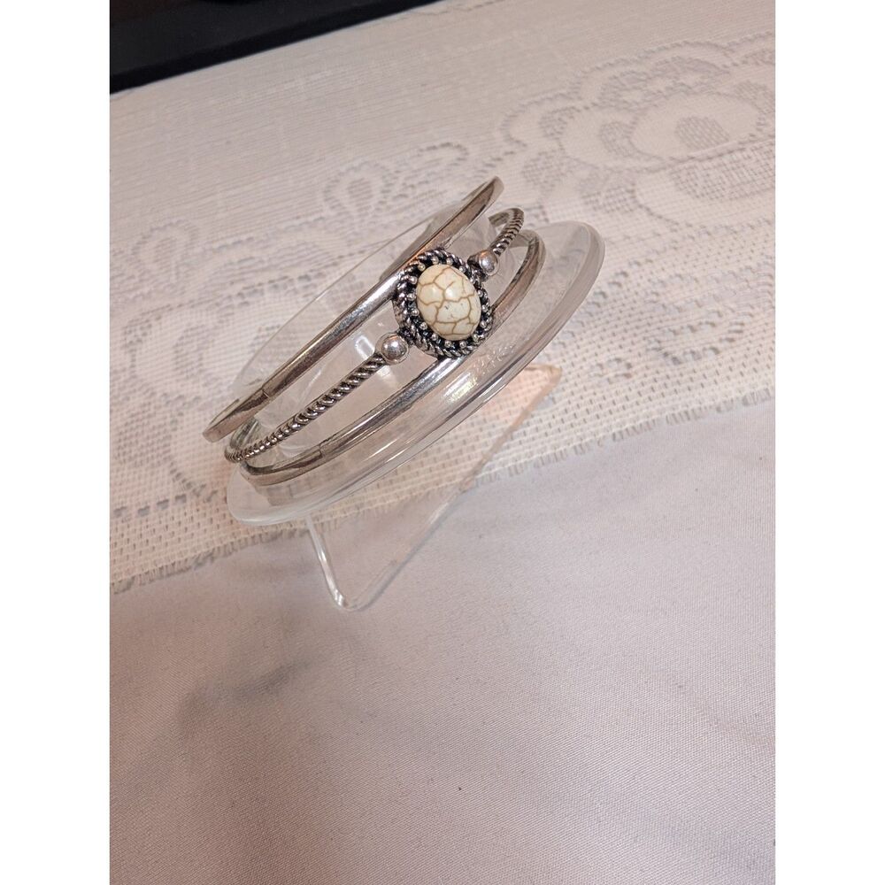 Antiqued Silver Multi-Row Cuff Bracelet - White Faux Howlite Turquoise Stone